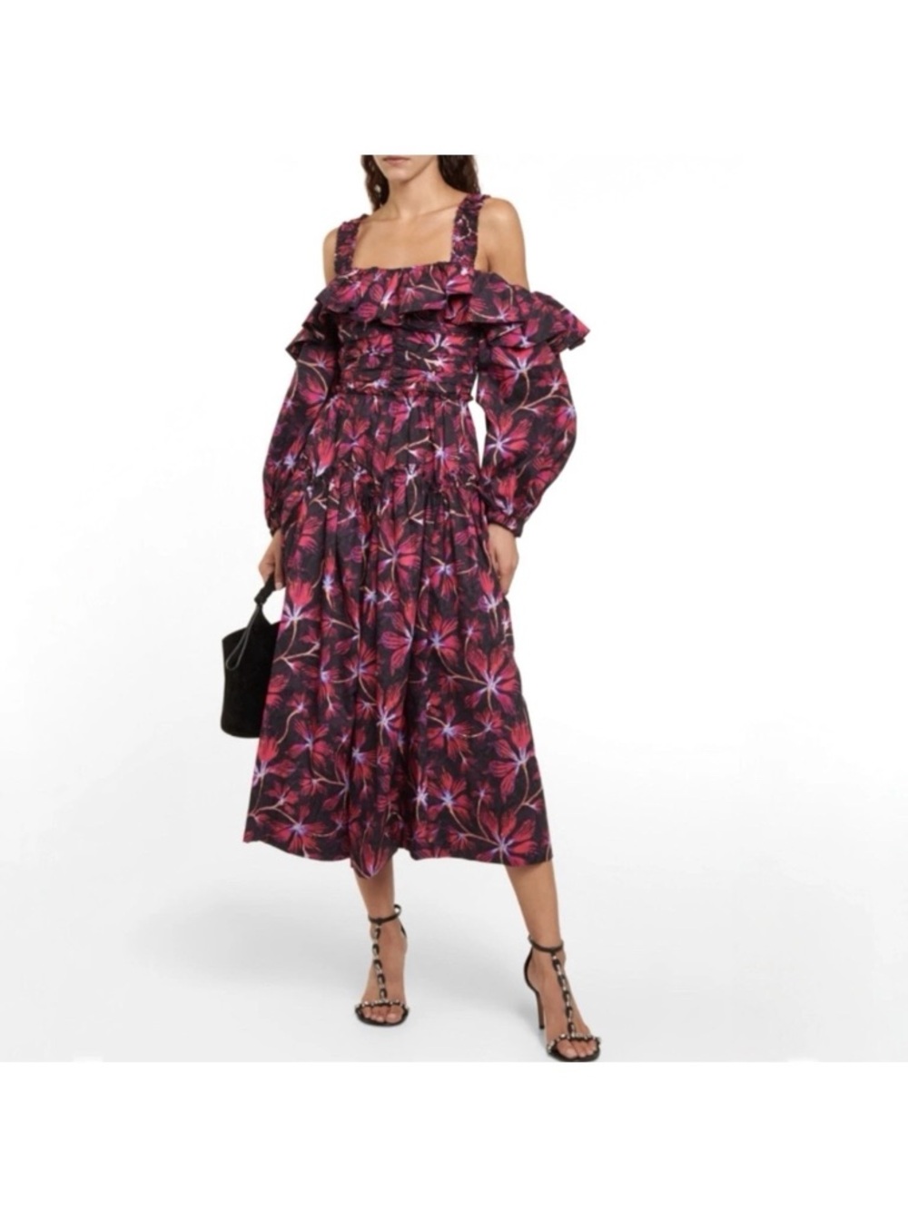 Ulla Johnson Caprice Floral Midi Dress Cold Shoulder Cotton Poplin size 6